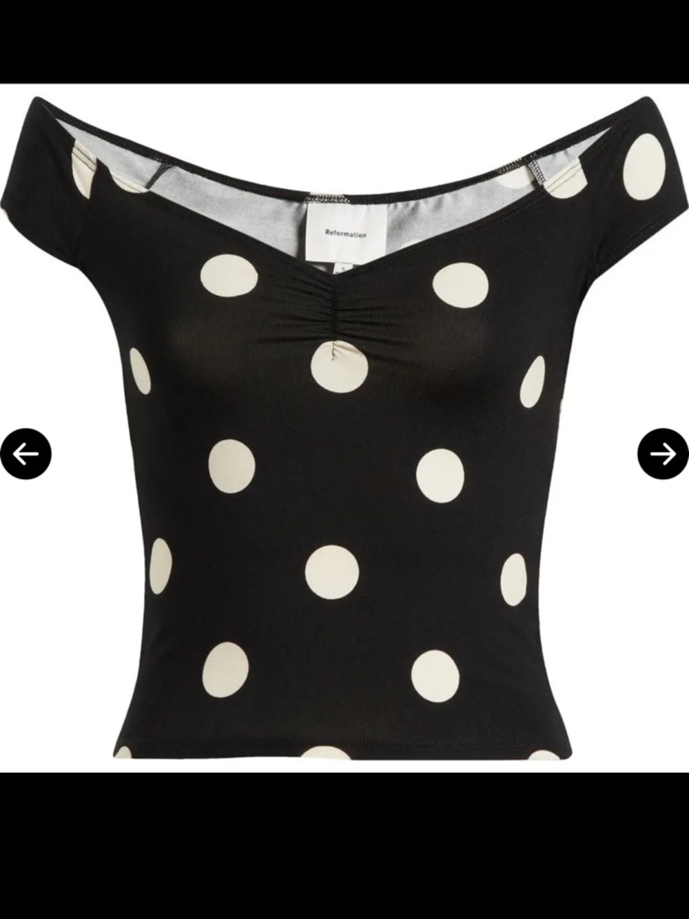 Reformation Black and Cream Polka Dot Off-Shoulder Crop Top